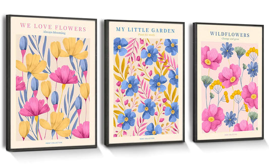 Boho Blossom Trio: Vibrant Wall Art Set